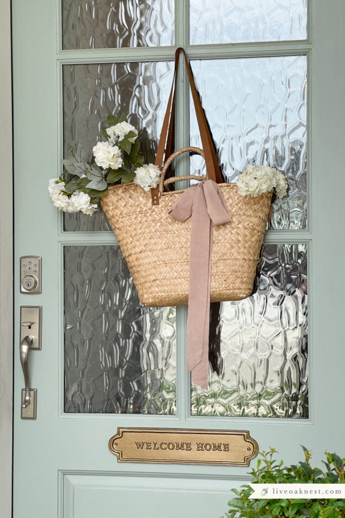 Green Front Door, Hanging Basket with Flowers, Welcome Home Front Door Plaque