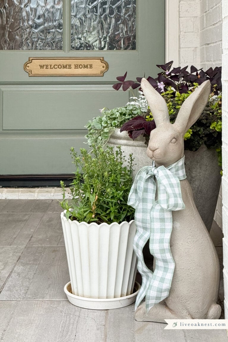 Spring Cottage Decor Finds Tall Sitting Rabbit Front Porch from Live Oak Nest www.liveoaknest.com