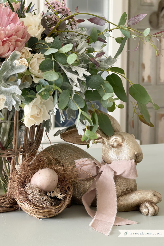 Spring Cottage Decor Finds Gold Bunny with Nest and Fresh Florals from Live Oak Nest www.liveoaknest.com
