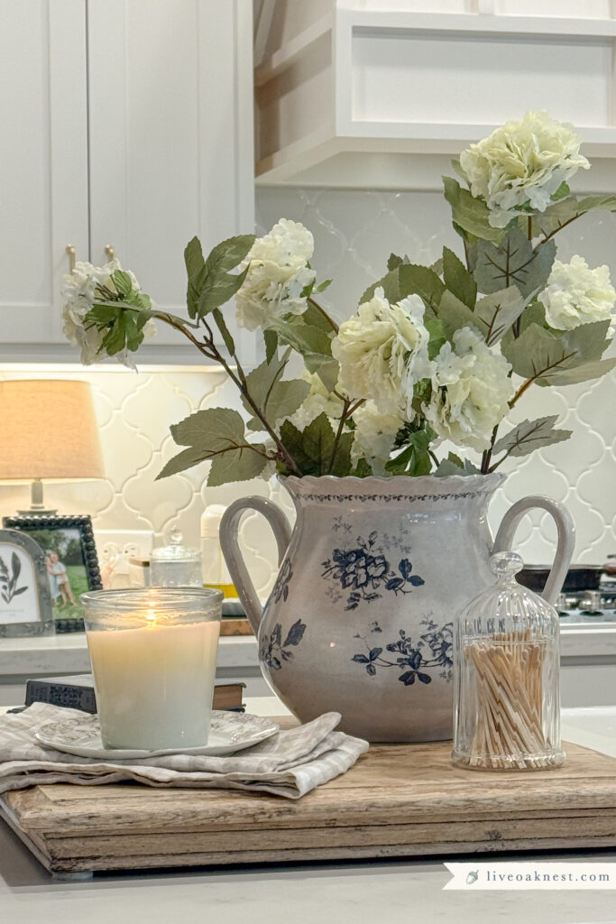 Timeless Magnolia Home Decor, Heirloom Garden Navy Floral Vase With Handles, Summer Vignette with vintage inspired vase, candle, cloche match set