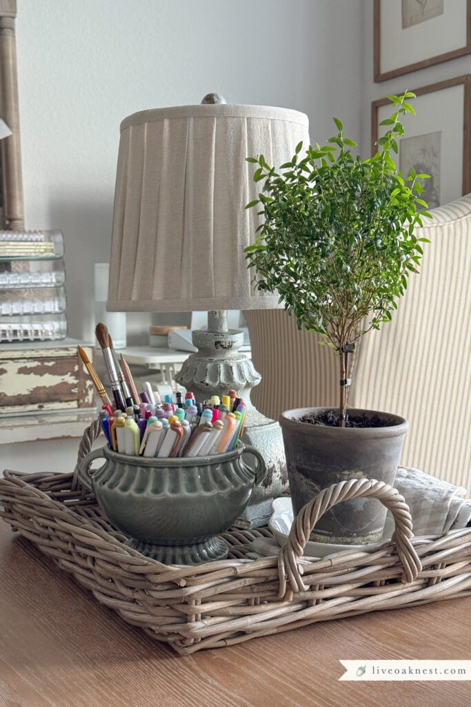 Vintage Inspired Pedestal Vase Cottage Style Office She shed vignette with myrtle topiary and willow tray