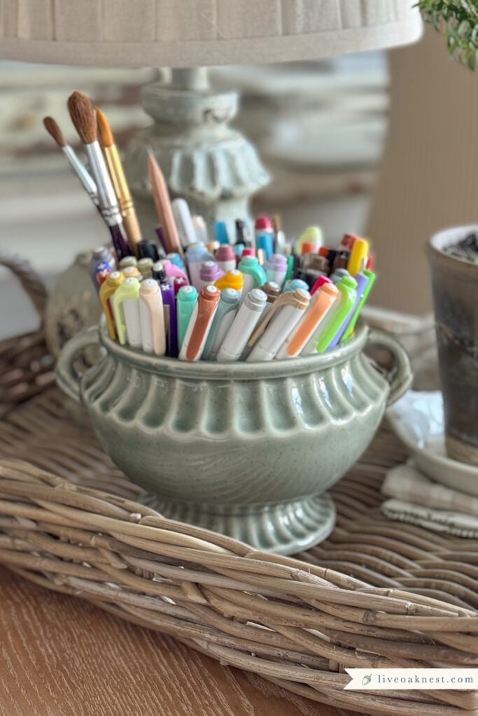 Vintage Inspired Pedestal vase used to hold artists supplies
