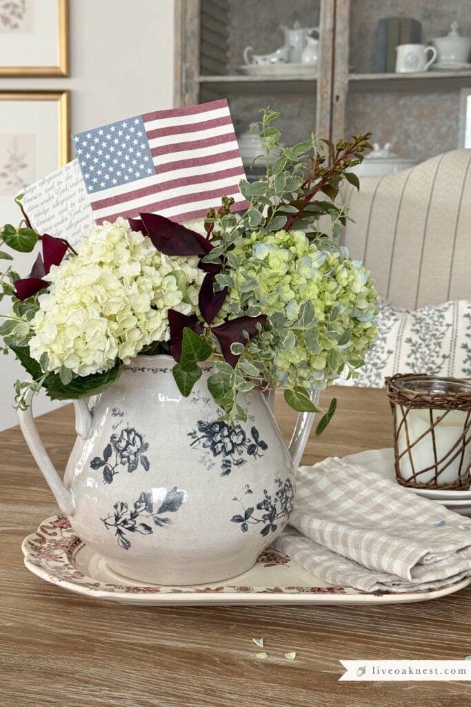Decorate with Patriotic Decor for a Timeless, Cozy Look Using Fresh flowers, Vintage Blue Floral Vase, Red Transferware Platter